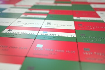 National flag of Hungary on credit cards. Banking related 3D rendering