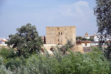 Fototapeta premium Calahorra Tower in Cordoba, Spain. A fortified gate built during the late 12th century by the Almohads to protect the nearby Roman Bridge of Cordoba, Spain.