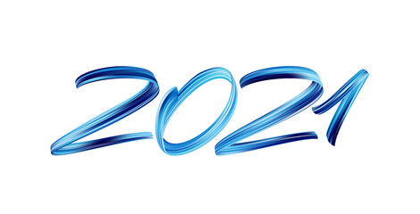 Vector Blue Brushstroke paint lettering calligraphy of 2021. Happy New Year