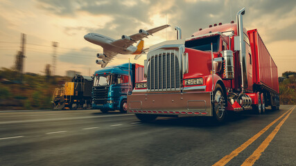 Naklejka premium Transportation and logistics of Container Cargo ship and Cargo plane. 3d rendering and illustration.
