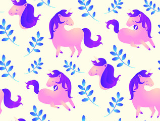 Background with cute unicorns and twigs. Seamless vector pattern. 