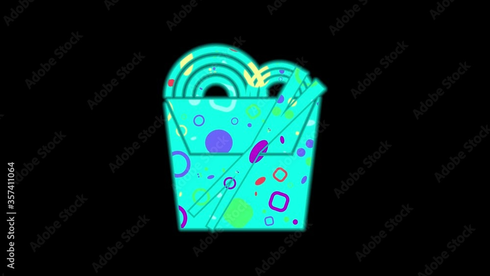 Aufkleber noodles in thin line box with chopsticks icon shapes color animation on black background