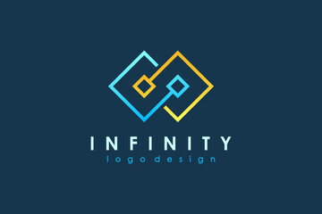 Infinity Logo. Blue and Yellow Geometric Square Line Style isolated on Dark Blue Background. Usable for Business and Technology Logos. Flat Vector Logo Design Template Element.