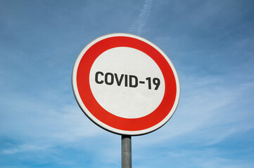 Stop coronavirus. Warnign traffic sign with Covid-19 - No trespassing for virus, infection. Viral...