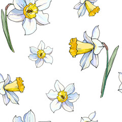 White daffodil seamless floral pattern. Hand drawn narcissus endless background. Spring easter backdrop. For greeting cards, invitations, decorations, floral prints, floristic design, wallpaper.