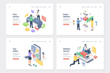 Obraz na płótnie Canvas Pack shipping ways, delivery service applications isometric landing page templates set