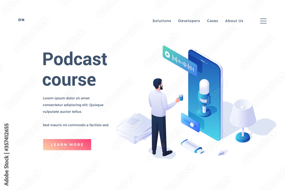 Poster website banner promoting course about how to create own podcast