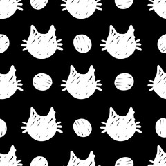 cat vector seamless Pattern isolated on white and black dots background.