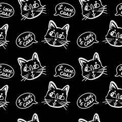 cat vector seamless in black and white colors.Wallpaper background with cartoon kitty muzzles
