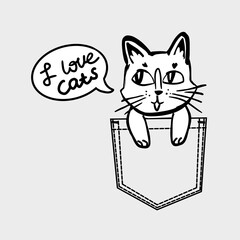 cat vector in black and white colors  sitting in pocket
