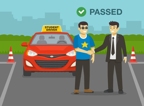 Young man passes his practical driving test. Examiner congratulates and shaking driver's hand. Flat vector illustration.