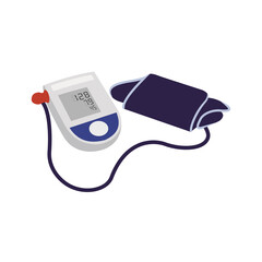 Flat illustration of tonometer. Electronic medical tonometer for measuring blood pressure isolated on white background, vector illustration. Blood pressure monitors use in arm, cartoon vector.