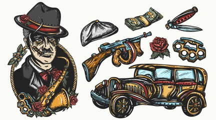 Mafia. Graphic tattoo collection. Noir movie art. Traditional tattooing style. Crime boss plays saxophone, retro criminal car, bandits weapons