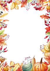 Watercolor frame from autumn objects located on a white background. For the design of invitations, greeting cards, sales, banners. Mushrooms, leaves, pumpkins, branches, berries.