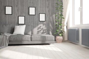 modern room with sofa,pillows,plaid,heating battery,plants