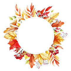 Watercolor hand-drawn frame with autumn leaves, rowan berries and mushrooms for wedding invitations, greeting cards and business cards. Bright leaves framing a circle.