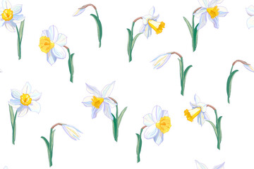 Seamless white daffodil floral hand drawn pattern. Narcissus endless background. Spring easter backdrop. For greeting cards, invitations, decorations, floral prints, floristic design, wallpaper.