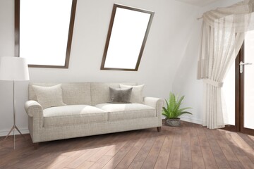 modern room with sofa,pillows,plant and lamp
