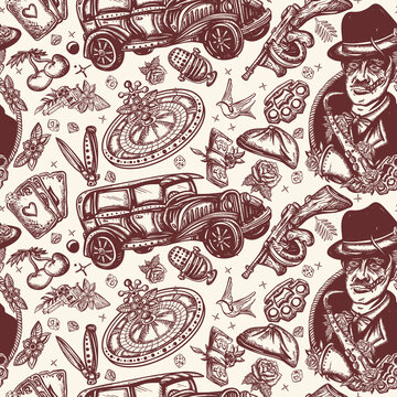 Mafia pattern. Traditional tattooing style. Retro crime seamless background. Boss plays saxophone, bandits weapons, retro car, casino, robbers. Criminal, old noir movie background. Gangsters