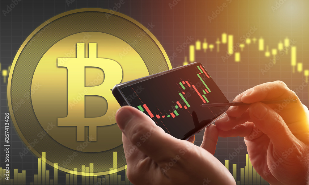 Poster bitcoin. cryptocurrency. transactions with bitcoins. a person analyzes data on cryptocurrency tradin