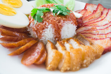 Thai Red Pork with Rice, 'Khao Mu Daeng'. One in many popular Thai street foods.