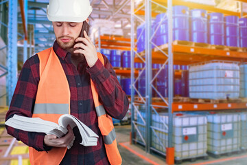 A man with documents at the fuel depot. Warehouse of finished products of the fuel company. A man in a white helmet. A man in a reflective vest against the background of barrels of fuel.