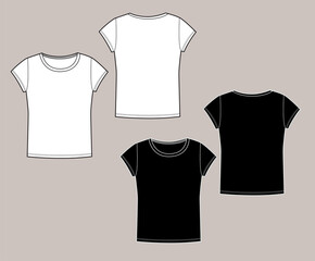 Basic unisex t shirt with short sleeve and round neck set. Front and Back. In white and black colors