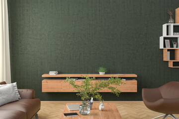 Blank green wall mock up in the living room. 3d rendering