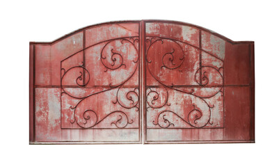 Old iron gates with decorative ornaments on white background