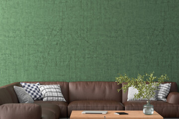 Blank green wall mock up in the living room. 3d rendering