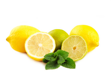 Fresh lime, lemon and mint isolated on white background