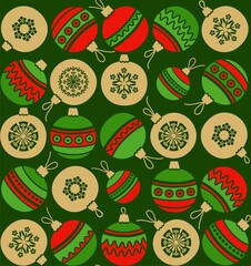 Christmas balls, seamless pattern, green. Gold and green Christmas toys on a dark green background. A coloured flat image. Vector.   