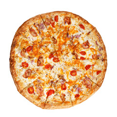 Closeup pizza with bacon, cherry tomatoes, onions and cheese isolated on white. Top view.