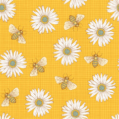 Spring Daisy and Honey Bees Fabric Vector Seamless Pattern