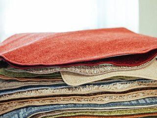Color carpeting, samples of colored nap flooring with overlock. For stowage in a private scrap and...