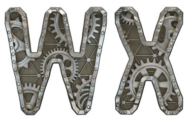 Set of mechanical alphabet made from rivet metal with gears on white background. Letters W and X. 3D