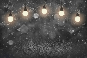 blue fantastic shiny glitter lights defocused bokeh abstract background with light bulbs and falling snow flakes fly, festal mockup texture with blank space for your content