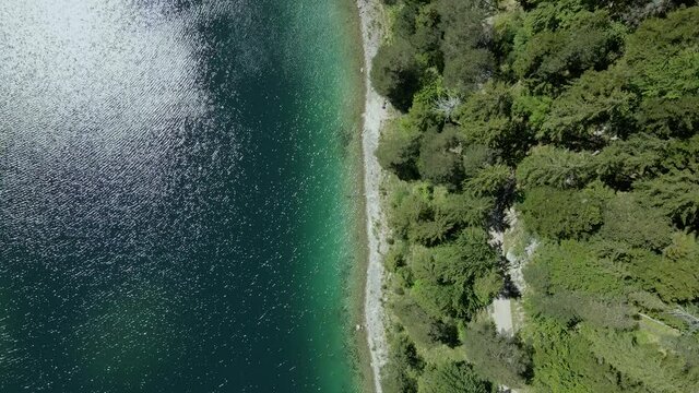 Top down view of the banks of the Eibsee in the bavarian alps. Wild coniferous forest at the shore border. Beautiful summery calm atmosphere in the german mountains.