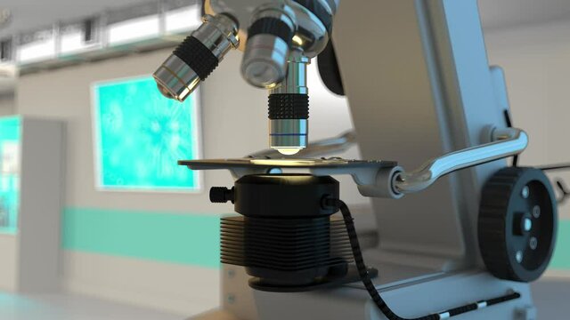 Medical research concept - scientific microscope working automatically, 4K UHD 60 FPS 3D animation