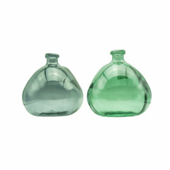 Two bulky, transparent glass vases, studio shot, isolated on white background