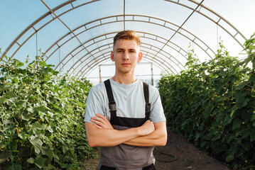 Portrait of a young male farmer in overalls in a greenhouse