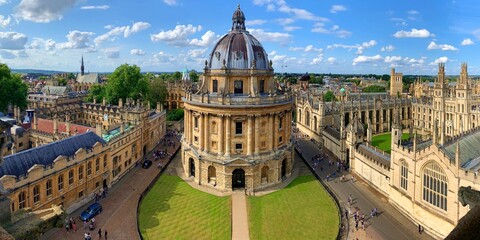 Oxford University, U.K., August 5, 2019. An outside shot of Bodleian Library at Oxford University on a sunny day with partly cloudy skies.