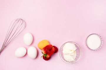 Eggs Whites Cream Cheese Whisk Sugar Fruits and Strawberry Ingredients for Pavlova Cake Step by...