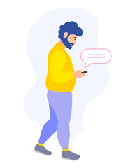 Fototapeta na wymiar A man with a phone in his hands is walking and chatting. A busy man received a message and reads it on the go. Vector in flat style. Template on the topic of social networks and online communication.