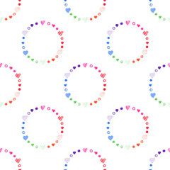 Seamless pattern made of hearts, rings, dots. Color pen illustration. Perfect for wedding wrapping, textile, patterns, cards, templates.