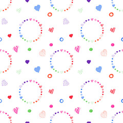 Seamless pattern made of hearts, rings, dots, rounds. Color pen illustration. Perfect for wedding wrapping, textile, patterns, cards, templates.