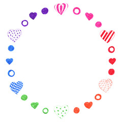 Hand-drawn round made of hearts, rings, dots. Color pen drawing. Perfect for designs, patterns, cards, banners, invitations