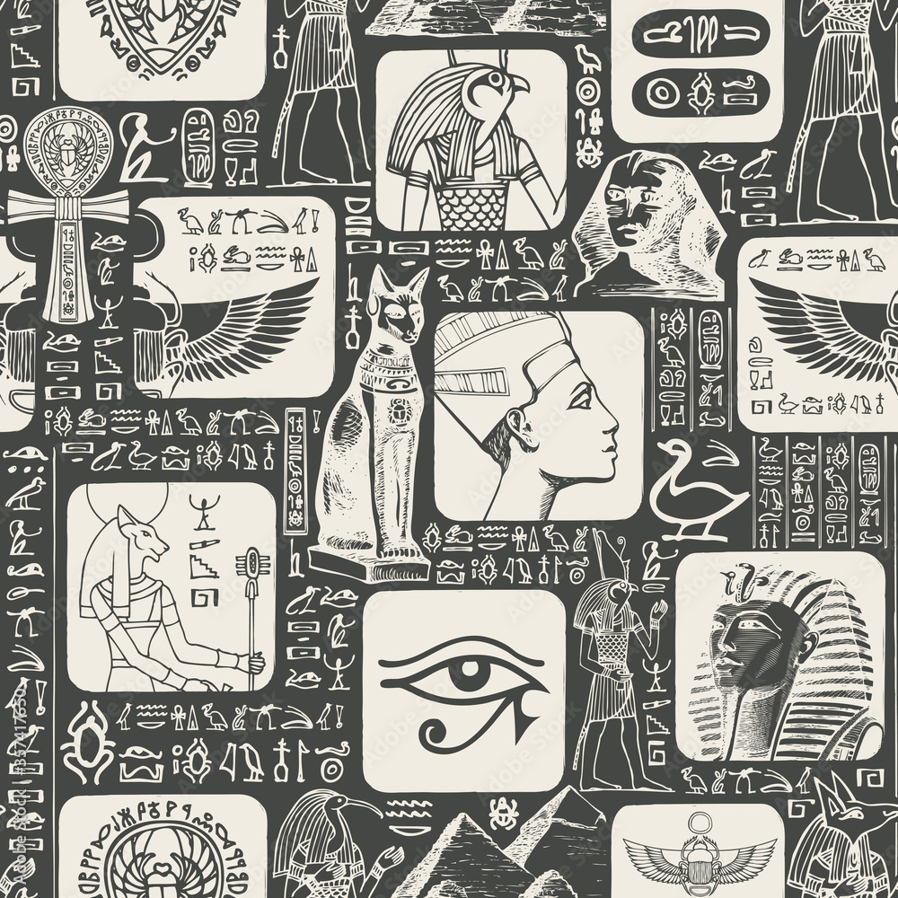 Aufkleber ancient egypt seamless pattern with the hieroglyphs are randomly selected and do not make sense. vec