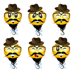 Smileys hipsters set in hats and suglasses. Vector illustration.