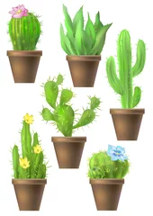 Glasschilderij Cactus in pot Set cactus van verschillende vormen en bloemen. Vector illustratie.